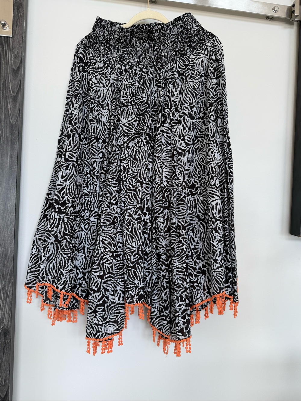 Neiman Marcus Black and White Printed Maxi Skirt with Apricot Fringe